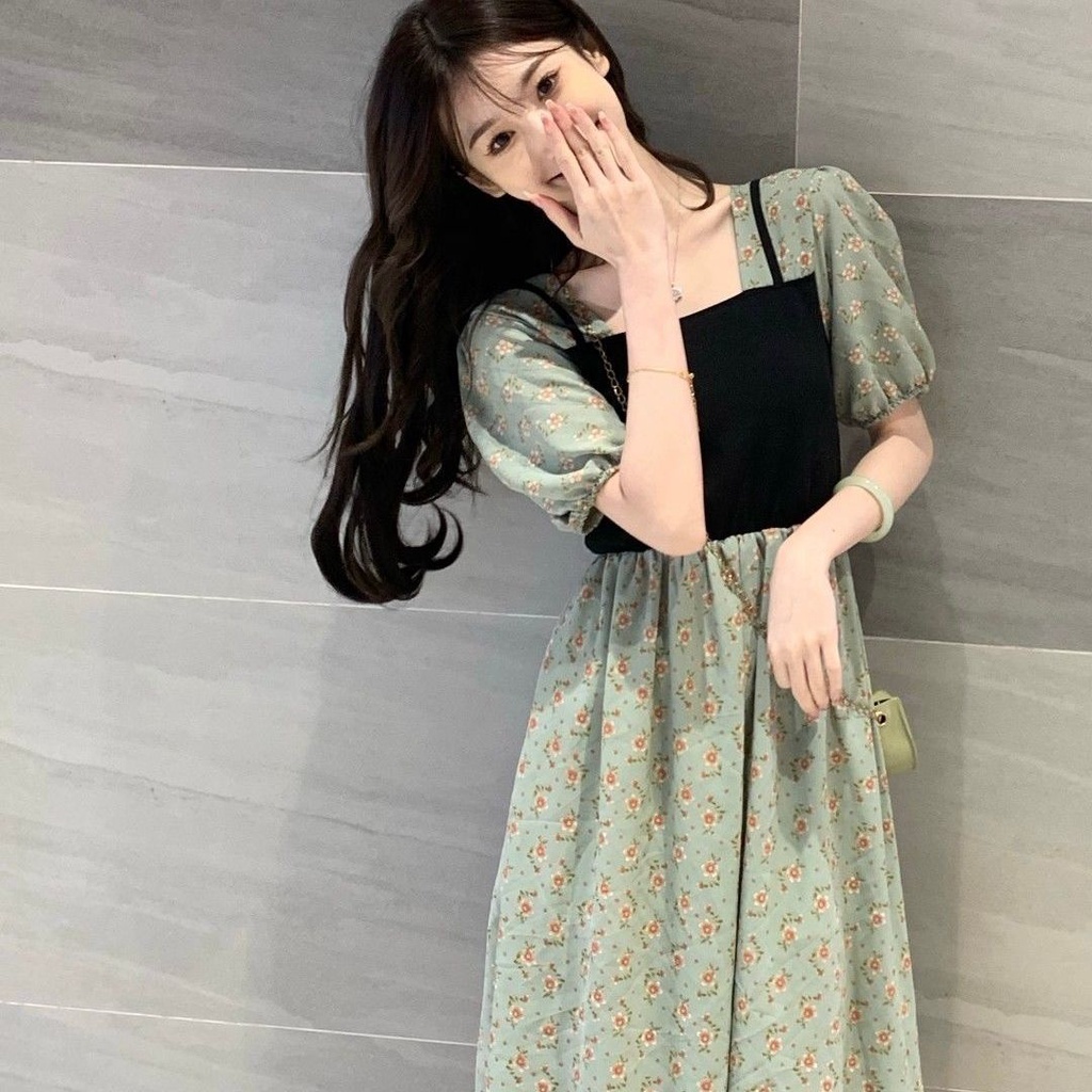 Đầm Chiffon Dáng Dài Màu Xanh Lá In Họa Tiết Hoa Xinh Xắn Dễ Phối Đồ Thời Trang Cho Nữ