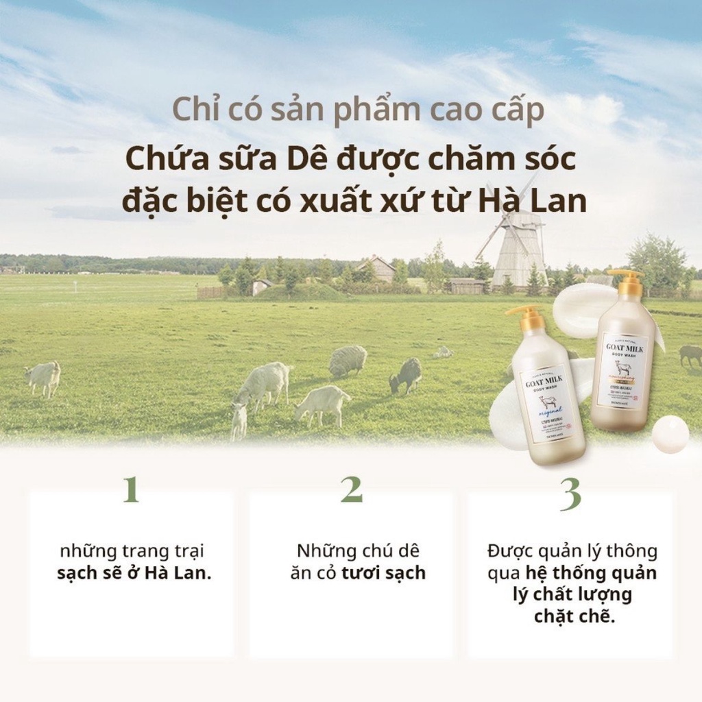 Sữa tắm dê giảm mụn lưng Shower Mate Goat Milk hỗ trợ trắng da, giảm viêm lỗ chân lông, chống lão hoá 800ml