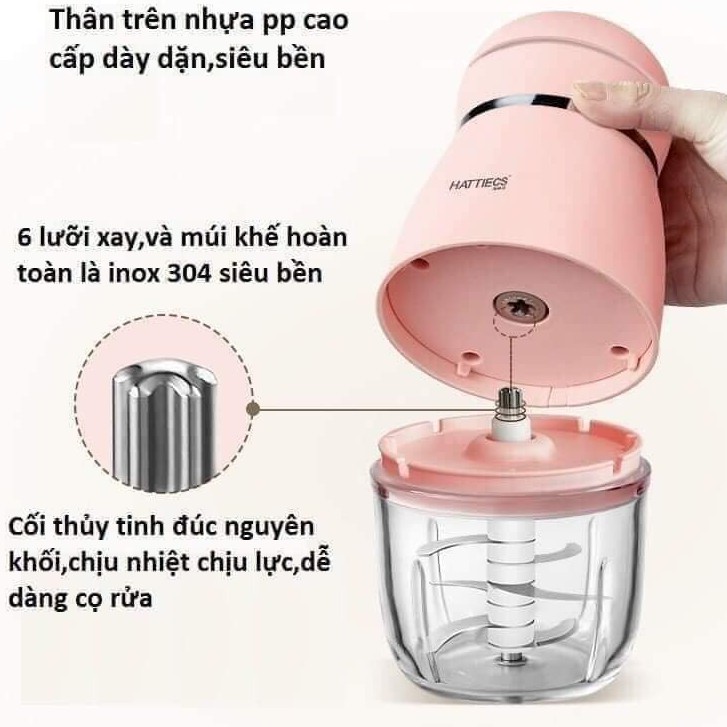 Máy Xay Sinh Tố Mini Cầm Tay Đa Năng Hattiecs Chuyên Dụng Xay Đồ Cho Bé Ăn Dặm, Cối Thủy Tinh Dung Tích 300ml An Toàn.