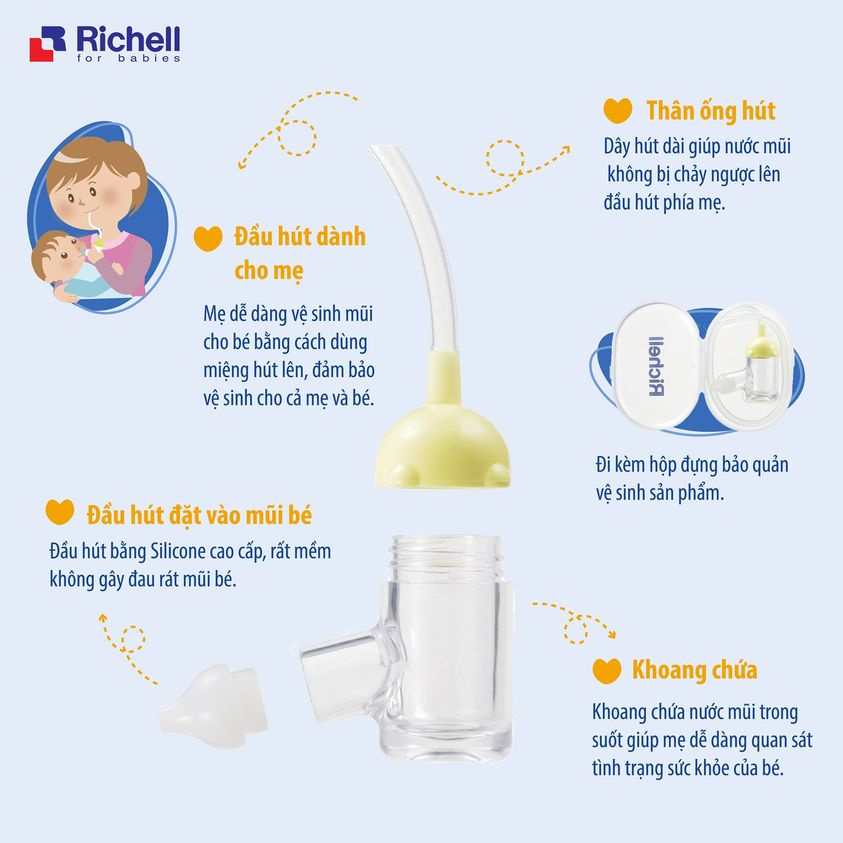 Dụng cụ hút mũi cho bé Richell RC98550, hút mũi có đầu silicon mềm mại - Monnie Kids