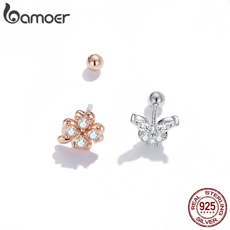 Bông tai Bamoer SCE1008 bằng bạc 925 hình bướm và cỏ bốn lá may mắn thời trang cho nữ