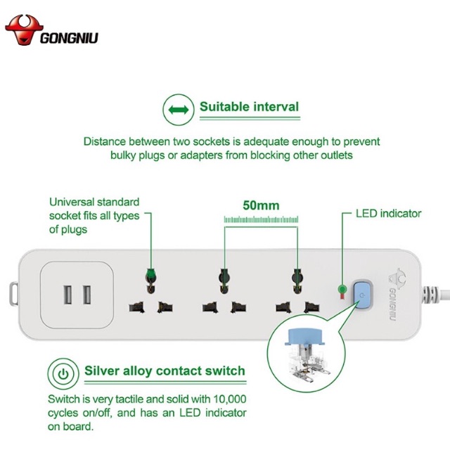 Ổ Cắm Điện Gongniu 3 Ổ Đa Năng + 2 USB 1 công tắc 2500W/10A Dây Dài 1.8M (N103U) - Chính Hãng