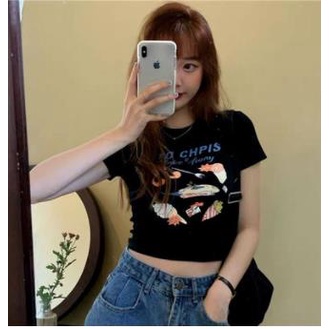 Áo Thun Croptop Tay Ngắn Cổ Tròn In Họa Tiết Hoạt Hình Và Chữ Thời Trang Mùa Hè Cho Nữ