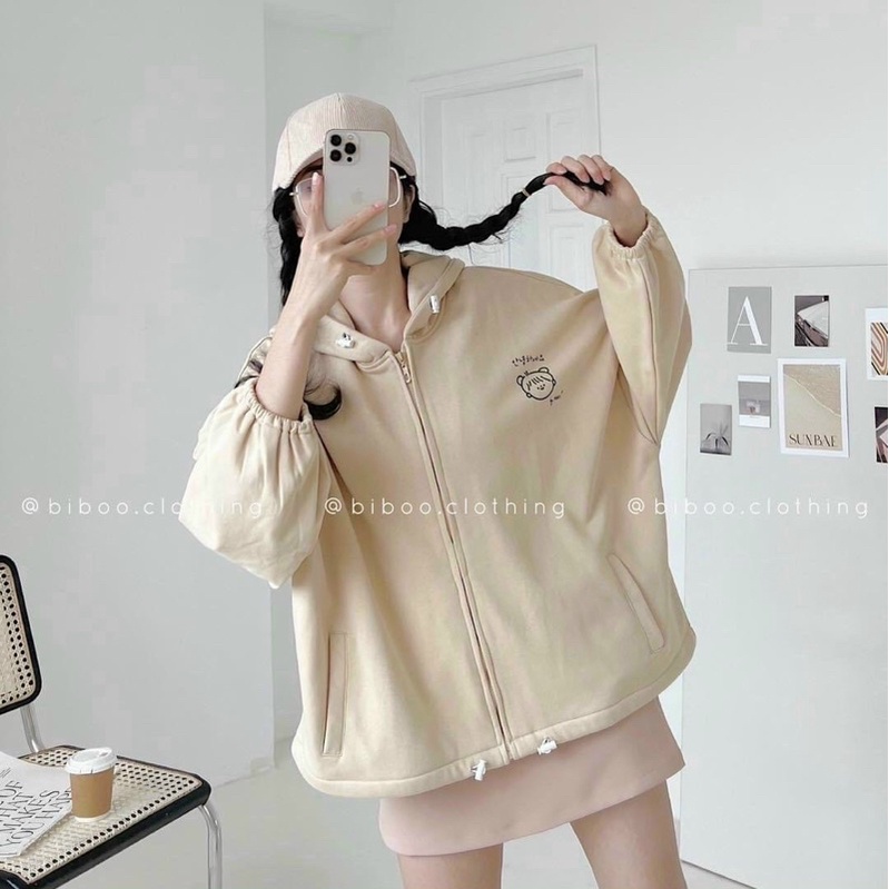 Áo khoác nỉ dây kéo form rộng, nón 2 lớp, có dây rút vạt áo in hình cô gái