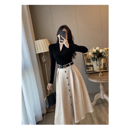CHÂN VÁY DA LỘN DÁNG XOÈ DÀI 70CM KHOÁ SAU KÈM BELL