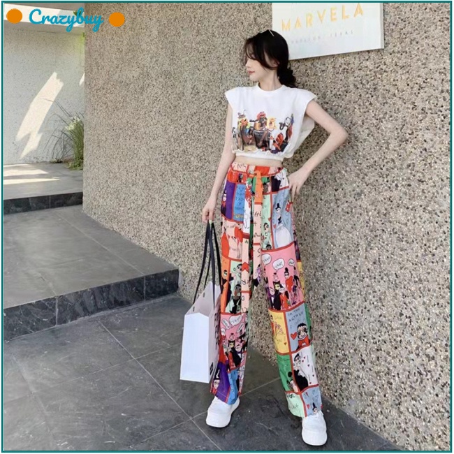 Cr Set 2 Món Áo Croptop Sát Nách + Quần Dài Ống Rộng In Họa Tiết Graffiti Thời Trang Cho Nữ