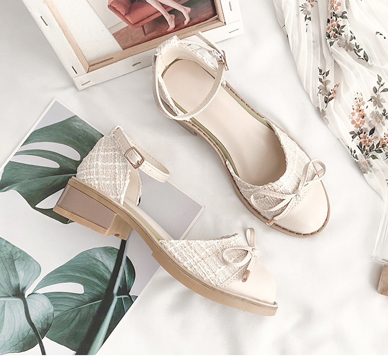 Giày Sandal Giày nữ phong cách Nhật Bản gót thô 4cm đính nơ