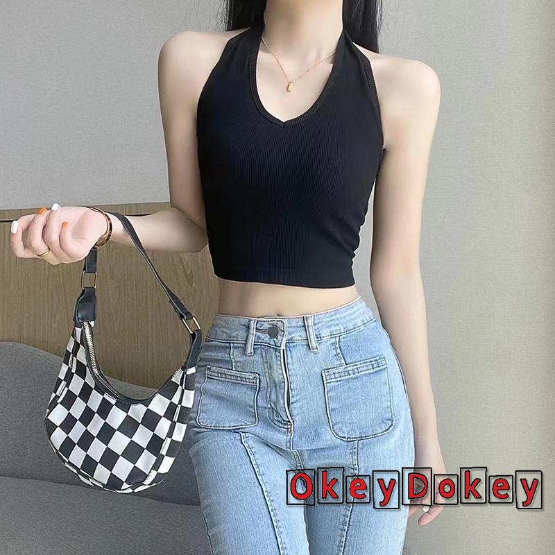 Áo Cổ Yếm Không Tay Hở Lưng Ôm Dáng Màu Trơn Thời Trang Mùa Hè Cho Nữ