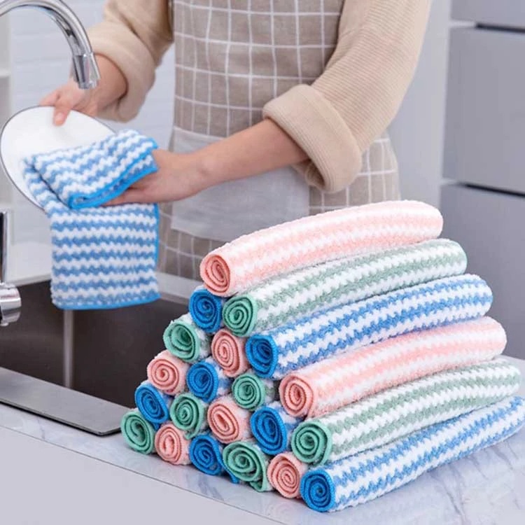Khăn Lau Chén Dĩa Sợi Nhỏ Mềm Mại Siêu Thấm Hút Không Dính Dầu Họa Tiết Kẻ Sọc Tiện Dụng