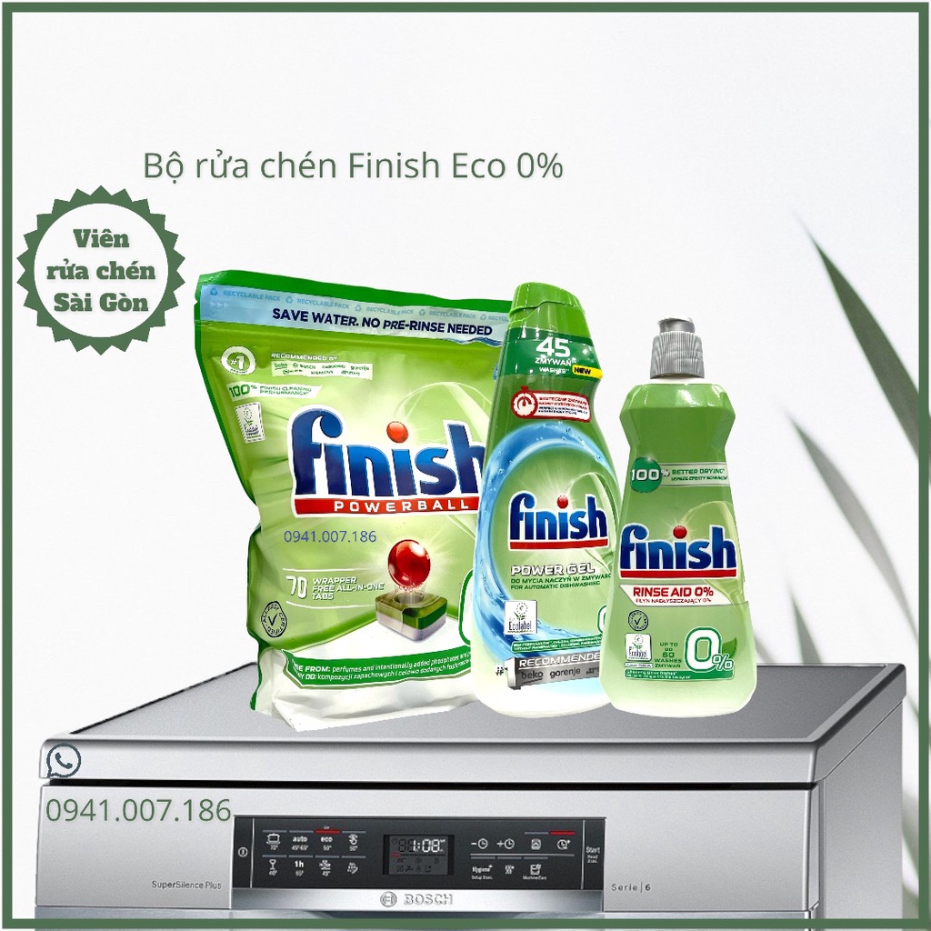 Bộ sản phẩm rửa chén Finish eco 0% viên rửa sinh học, an toàn sức khỏe