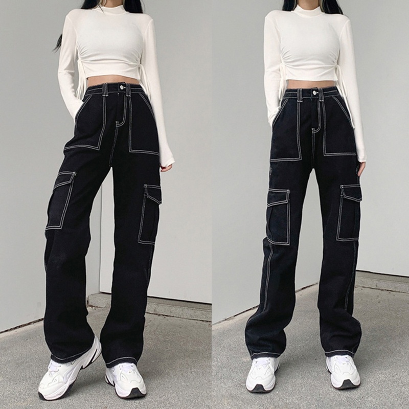 Quần Jean Baggy Lưng Cao Dáng Suông Rộng Phối Túi Bên Hông Hoạ Tiết Kẻ Sọc Thời Trang Dành Cho Nữ