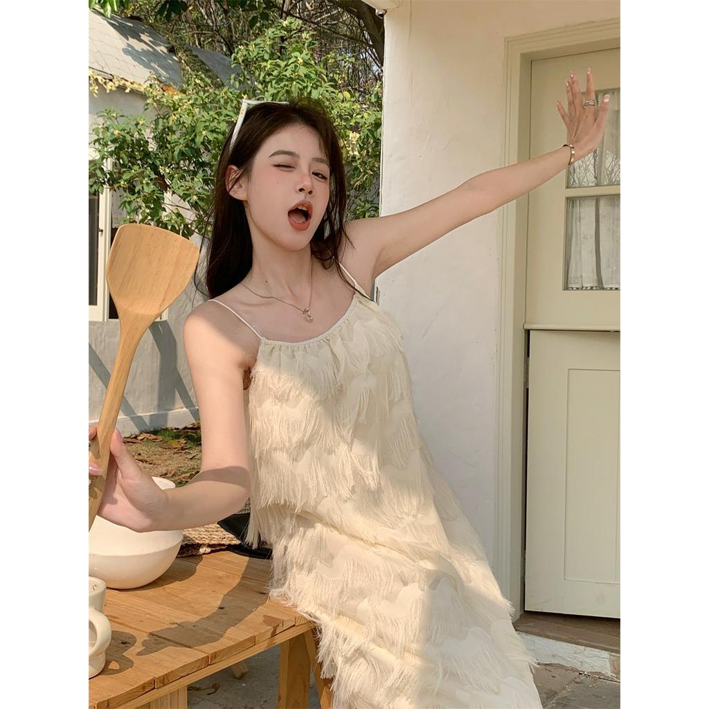 Đầm MIDI Hai Dây Dáng Rộng Phong Cách Hàn Quốc Lãng Mạn