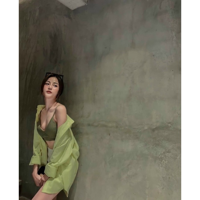 Set sơ mi xanh thun crop 2 dây short trắng