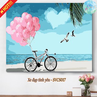 Tranh sơn dầu số hóa có khung tự tô màu theo số XE ĐẠP TÌNH YÊU -SVCS017 ( Tranh treo tường xe đạp bãi biển góc sắc màu)