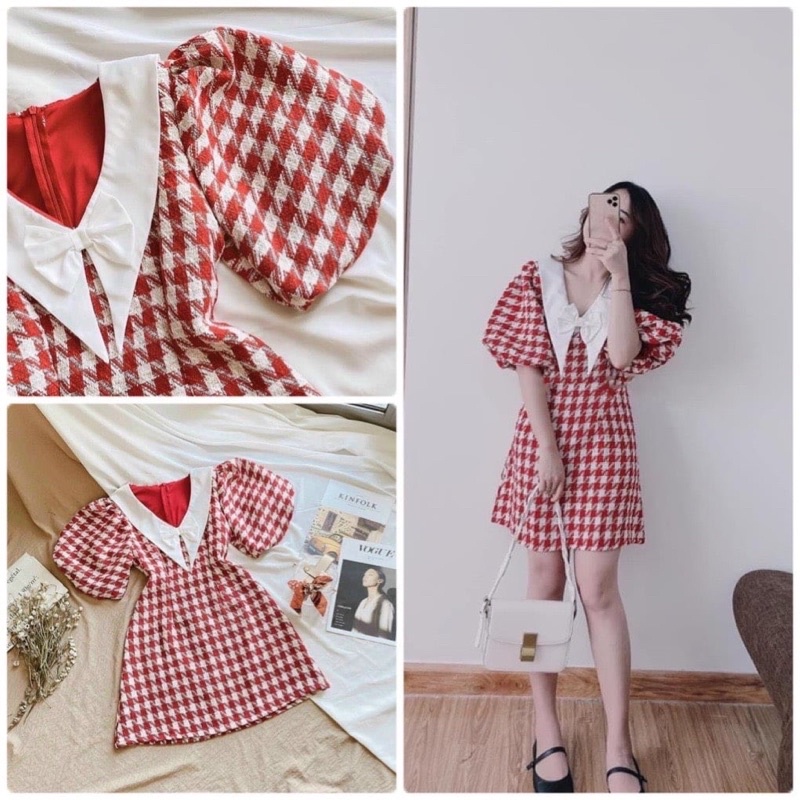 ĐẦM BỐ ĐỎ CARO CỔ TRẮNG
