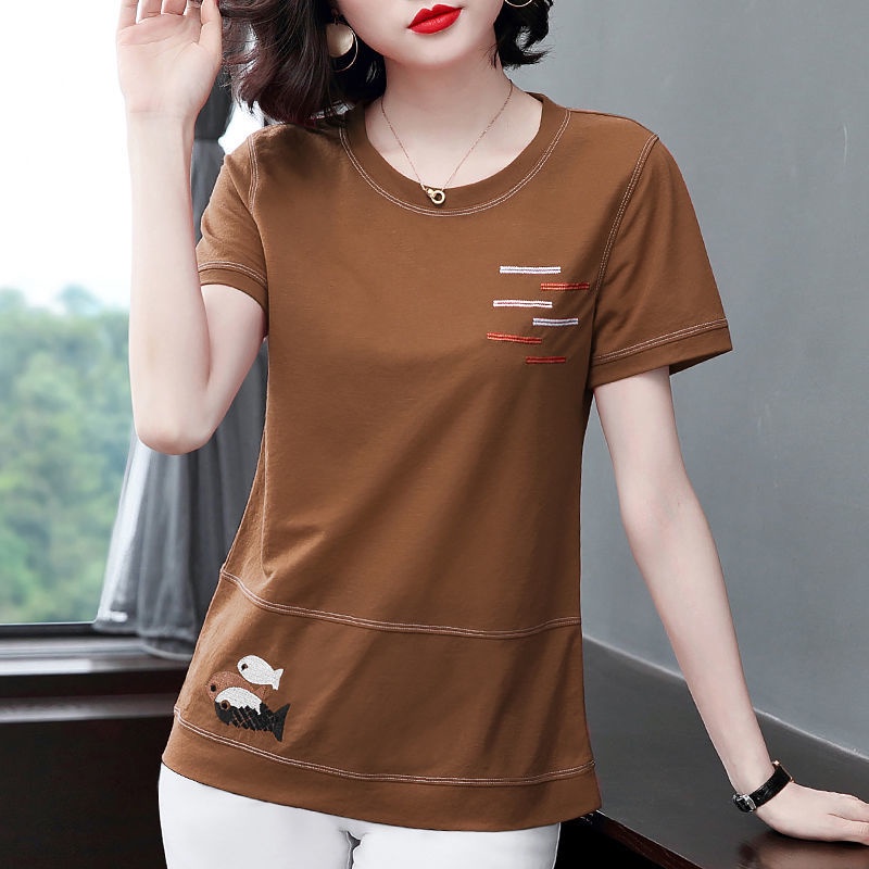 Thời Trang Áo Thun Tay Ngắn Dáng Rộng Dễ Phối Đồ Cho Phụ Nữ Trung Niên