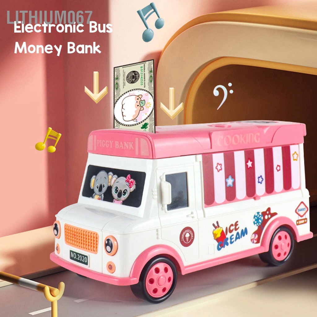 Lithium067 Trẻ em Money Bank Bus Shaped Password Điều khiển từ xa Mở khóa Âm nhạc Hộp đựng tiền điện tử