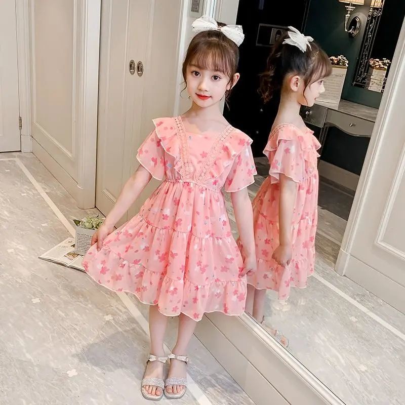 Đầm công chúa vải chiffon tay ngắn in hoa thời trang mùa hè 2021 cho bé gái
