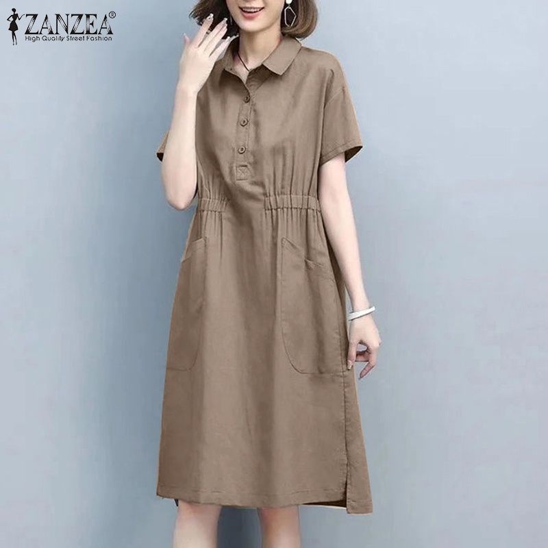 Đầm dài ZANZEA tay ngắn cổ bẻ thời trang nữ