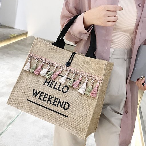 Túi cói WEEKEND đựng tài liệu, sách vở, cỡ lớn, túi xách nữ bằng cói thời trang