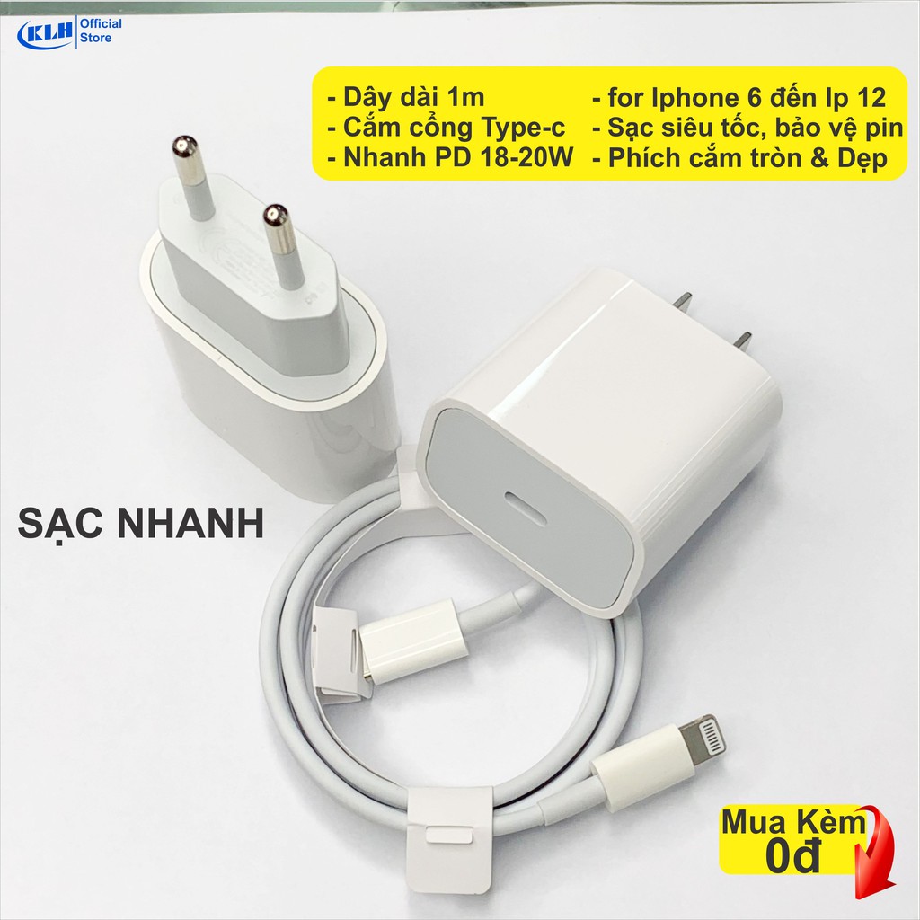 Bộ sạc nhanh Iphon PD 18W 20W, củ cáp Light.ning to Typec tiêu chuẩn, cóc và dây sạt dài 1m KLH