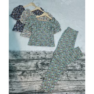 Set bộ hoa nhí cổ vuông nhún cổ tay phồng quần ống suông nhỏ bigsize 40-65kg