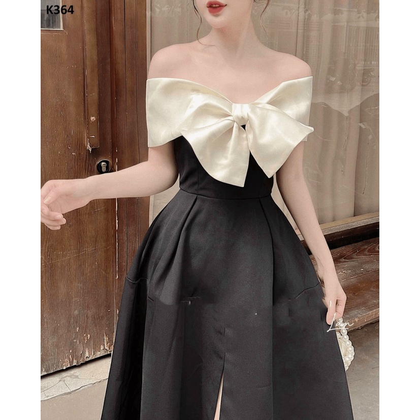 Đầm Dáng Xòe Xẻ Tà Phối Nơ Trắng Ngực, Màu Đen Chất Tapta Sang Chảnh Phù Hợp Đi Tiệc, Đi Chơi, Du Lịch [NEW UNISEX]