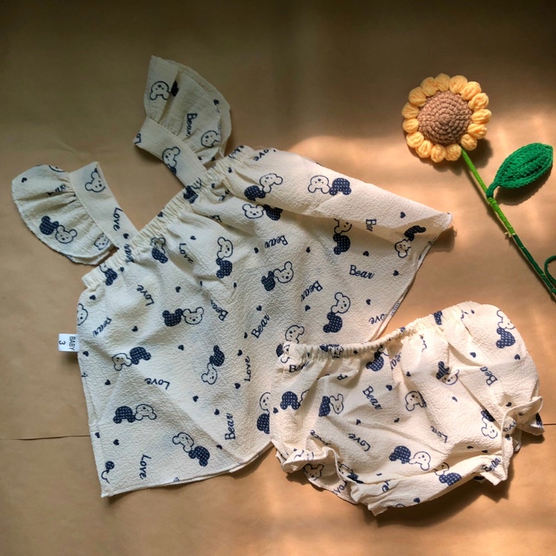 Bộ đồ mùa hè vải đũi áo 2 dây cánh tiên quần bèo cho bé gái 7-18kg