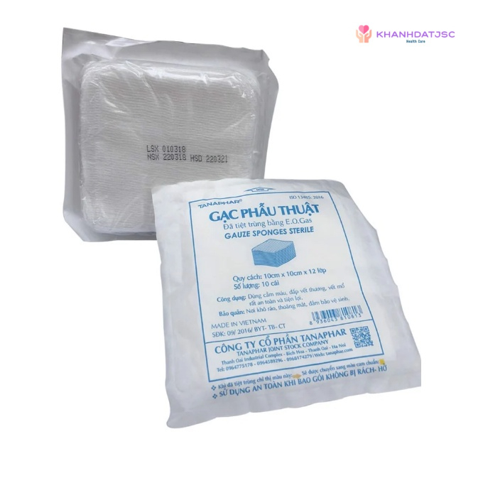 Gạc phẫu thuật, băng vết thương tiệt trùng Tanaphar 10cm x 10cm