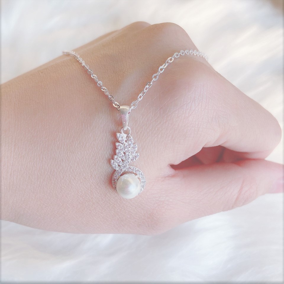 Dây chuyền bạc hình lá nguyệt quế đính hạt trai, Vòng cổ chất liệu bạc ta - Trang sức bạc Evasilver