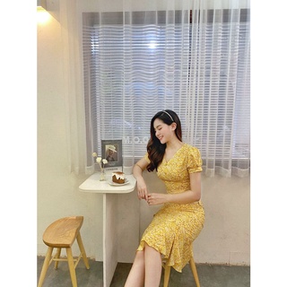LALYA_Váy hoa vàng đuôi cá khuy bọc