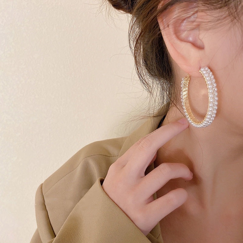 Bông tai khuyên tai vòng tròn đính châu sang chảnh