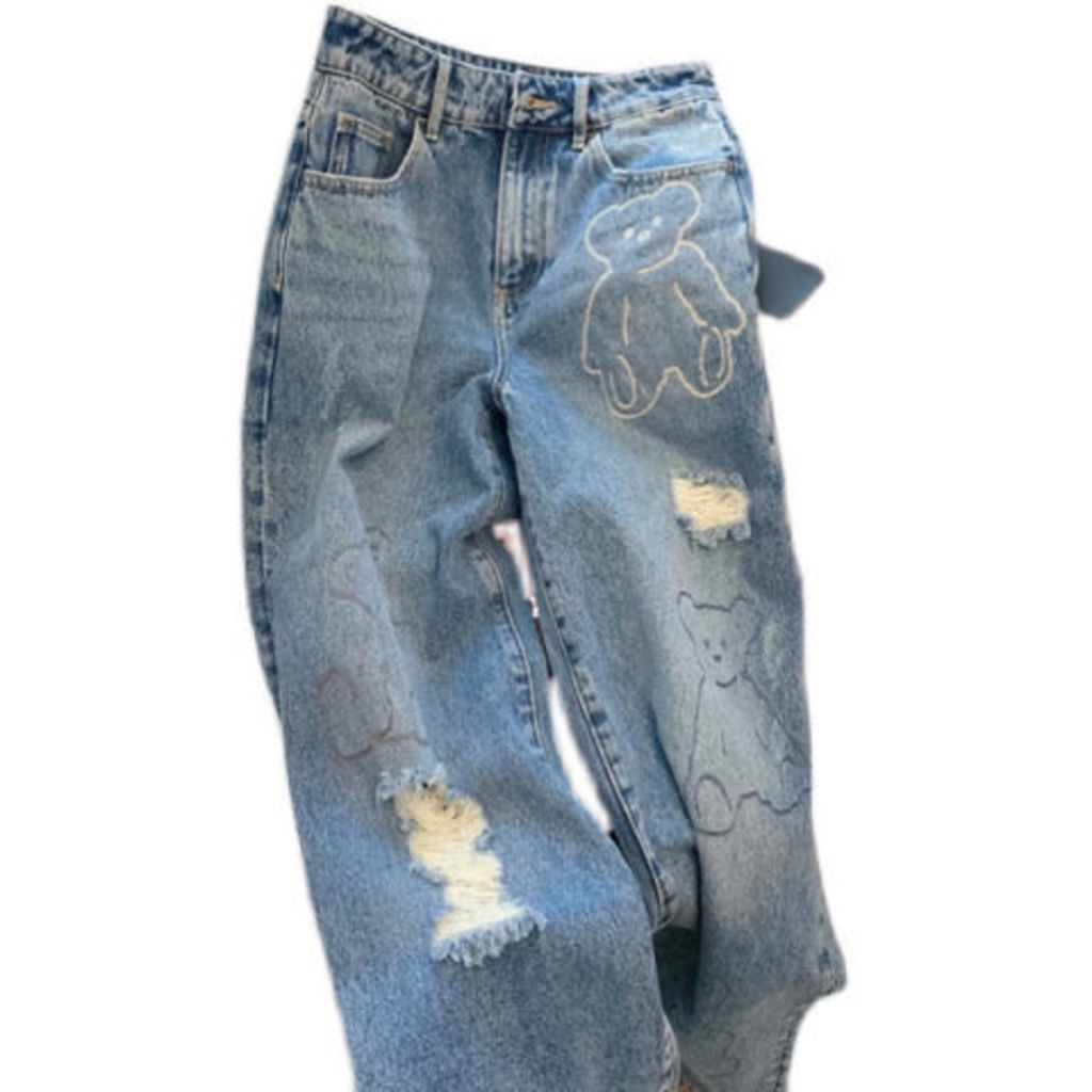 Cartoon Embroidery Bear Hole Straight Jeans Women Summer New Korean Loose Student High Waist Trousers