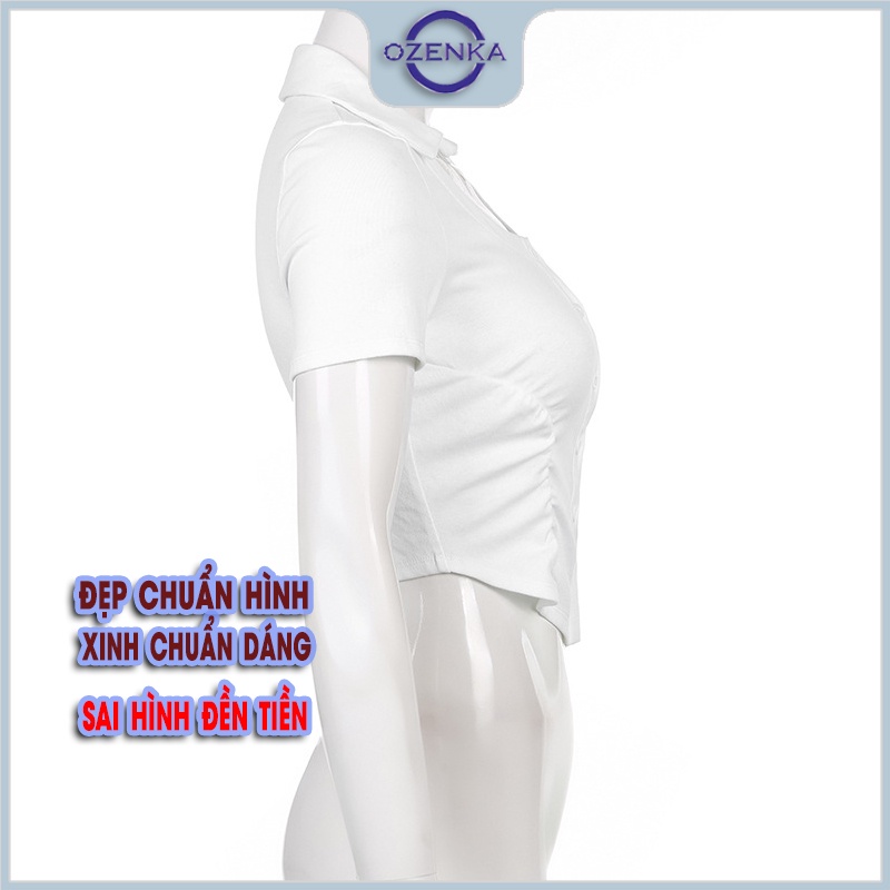Áo croptop kiểu ôm vạt bầu cài khuy cổ bẻ nữ OZENKA cộc tay vài thun cotton 100% màu đen trắng size dưới 55 kg