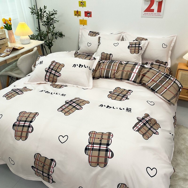 Bộ chăn ga gối cotton poly- mẫu gấu xinh (luis bedding shop miễn phí bo chun )