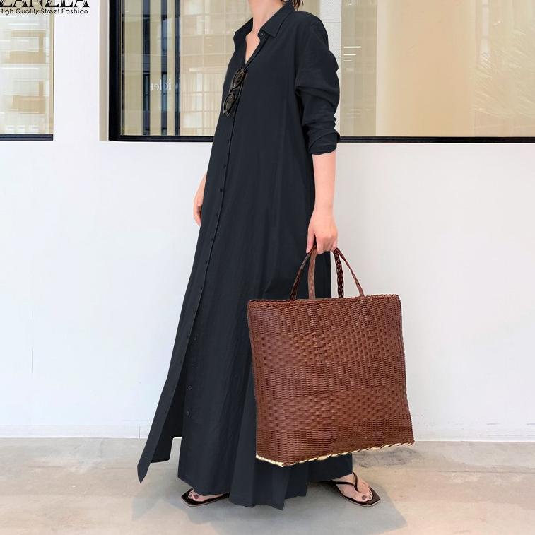 ZANZEA Nhập Khẩu Mới NhấtĐầm Maxi Màu Trơn Cổ Bẻ Xẻ Tà Thời Trang Cho Nữ