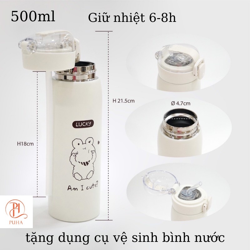 Bình giữ nhiệt PUHA chất liệu inox 304 giữ nóng lạnh, bình nước có ống hút dung tích 500ml