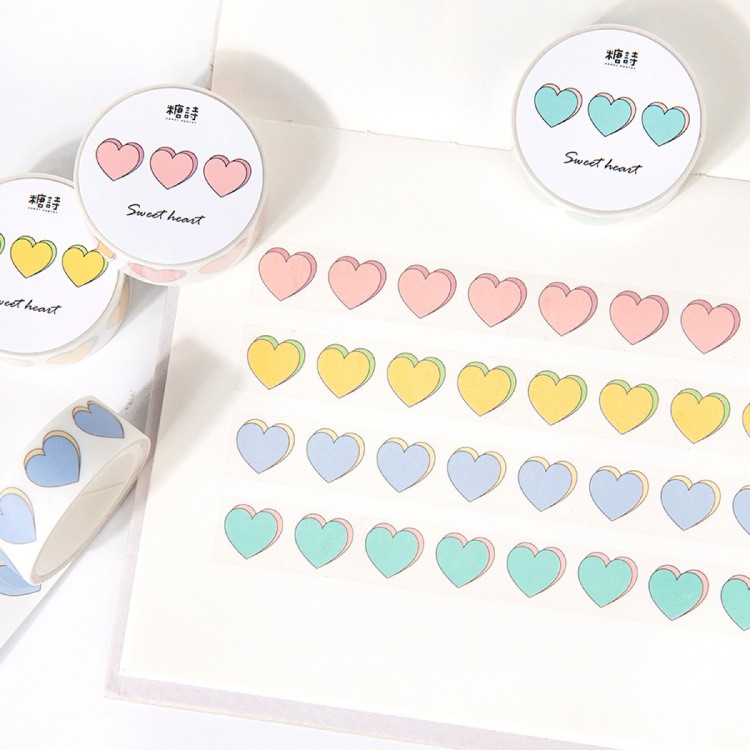 Washi tape trái tim dễ thương băng keo giấy tráng trí sổ nhiều màu