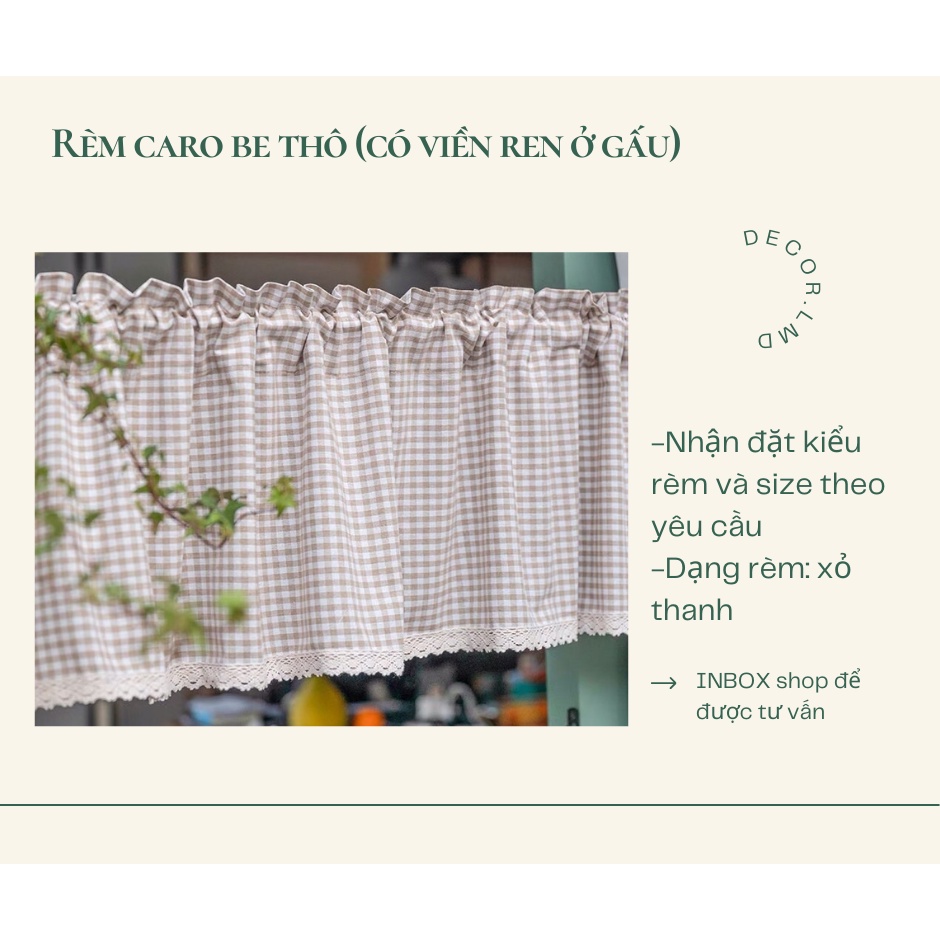 Rèm nhỏ, rèm che kệ bếp caro be vintage có viền ren ngà (đặt theo yêu cầu liên hệ CSKH)