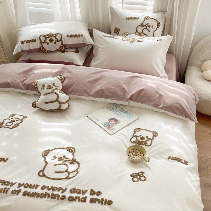 Set Chăn Ga Cotton Linen IGUN BEDDING Hoạt Hình Tặng Kèm Gối Bông