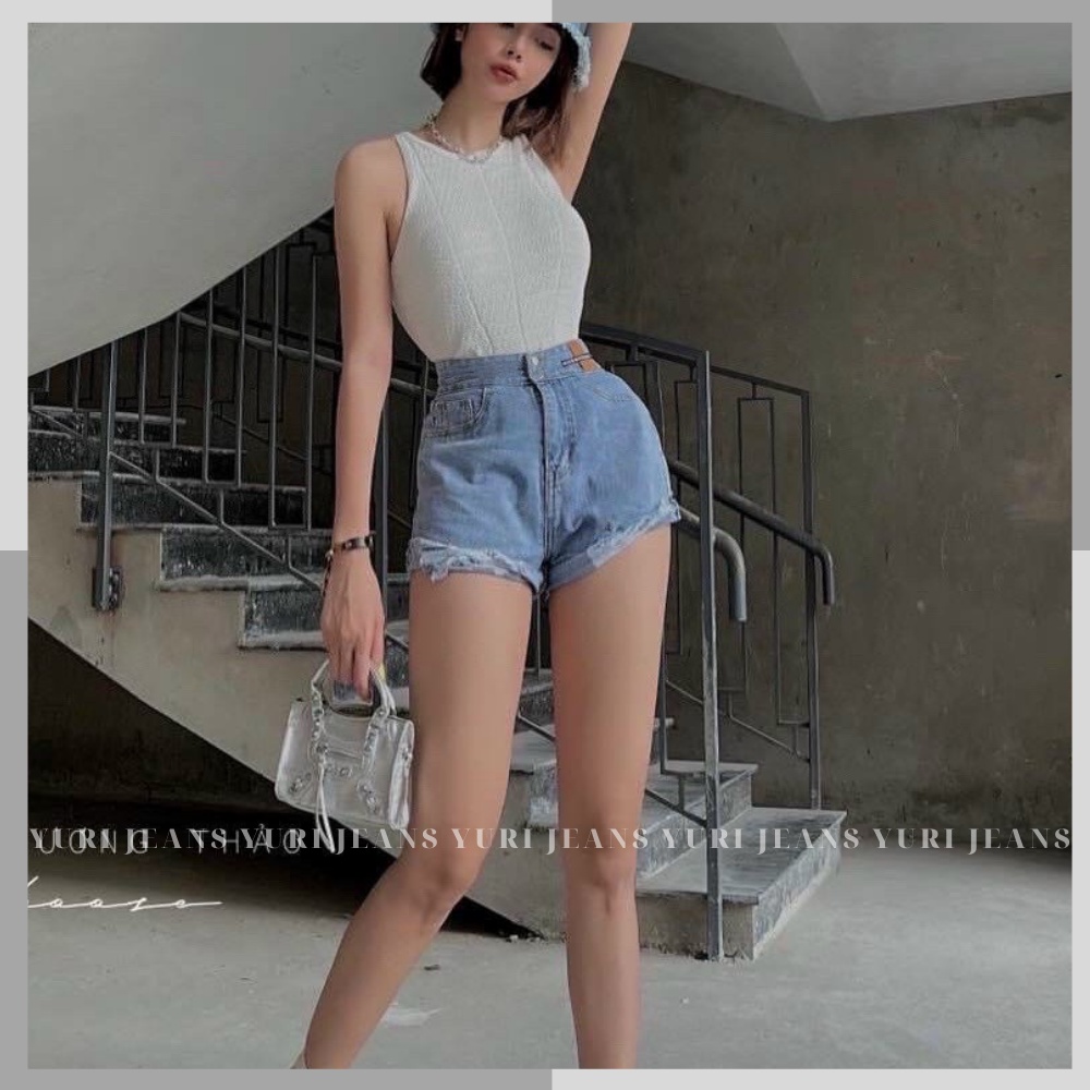 Quần Sọt Jeans Phôi da Lưng Cao Tôn Dáng YuRi Quần Đùi Nữ Rách