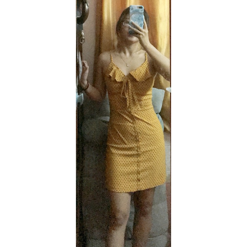 Đầm 2 dây body chấm bi, cột nơ ngực, có lót