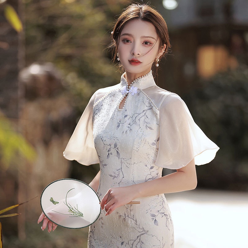 Sườn xám cách tân nữ hán phục đầm sườn xám truyền thống body tay bồng cổ đính ngọc dáng cổ điển mùa hè từ 45--70 kg