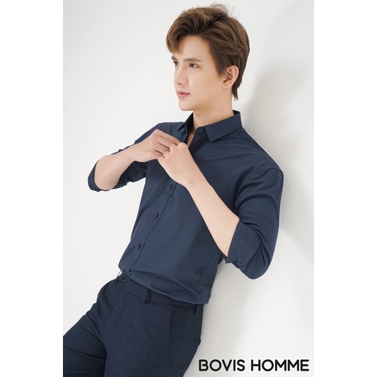 Áo sơ mi nam Bovis Homme tay dài SD004, màu xanh đen, Form slim, chất liệu modal, mặt vải mềm mượt, thoáng mát