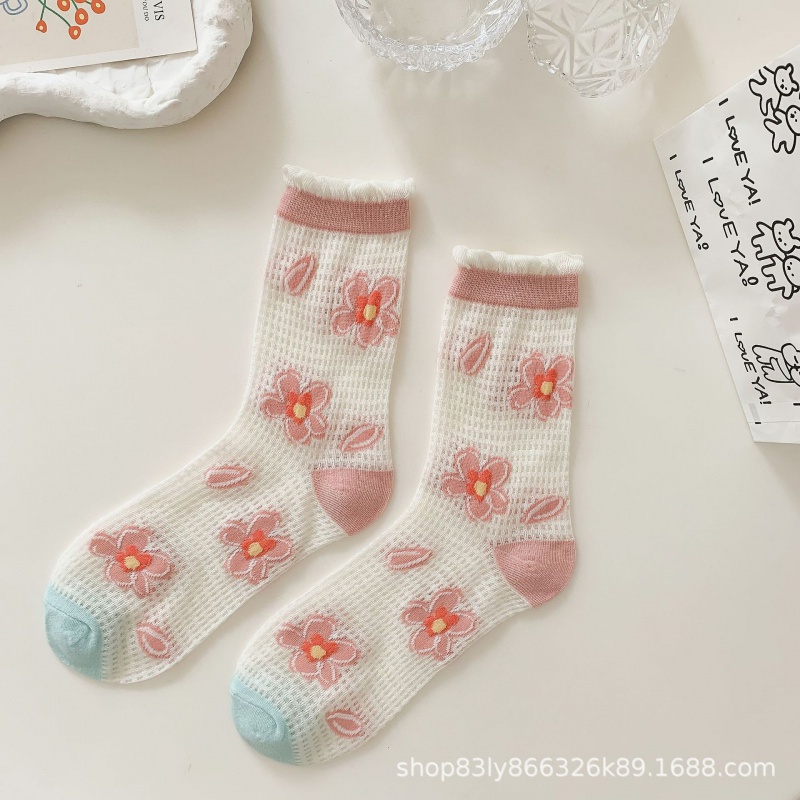 Vớ Lưới Cổ Vừa Thoáng Khí Họa Tiết Hoa Tulip Dễ Thương Phong Cách Nhật Bản Thời Trang Mùa Hè Cho Nữ