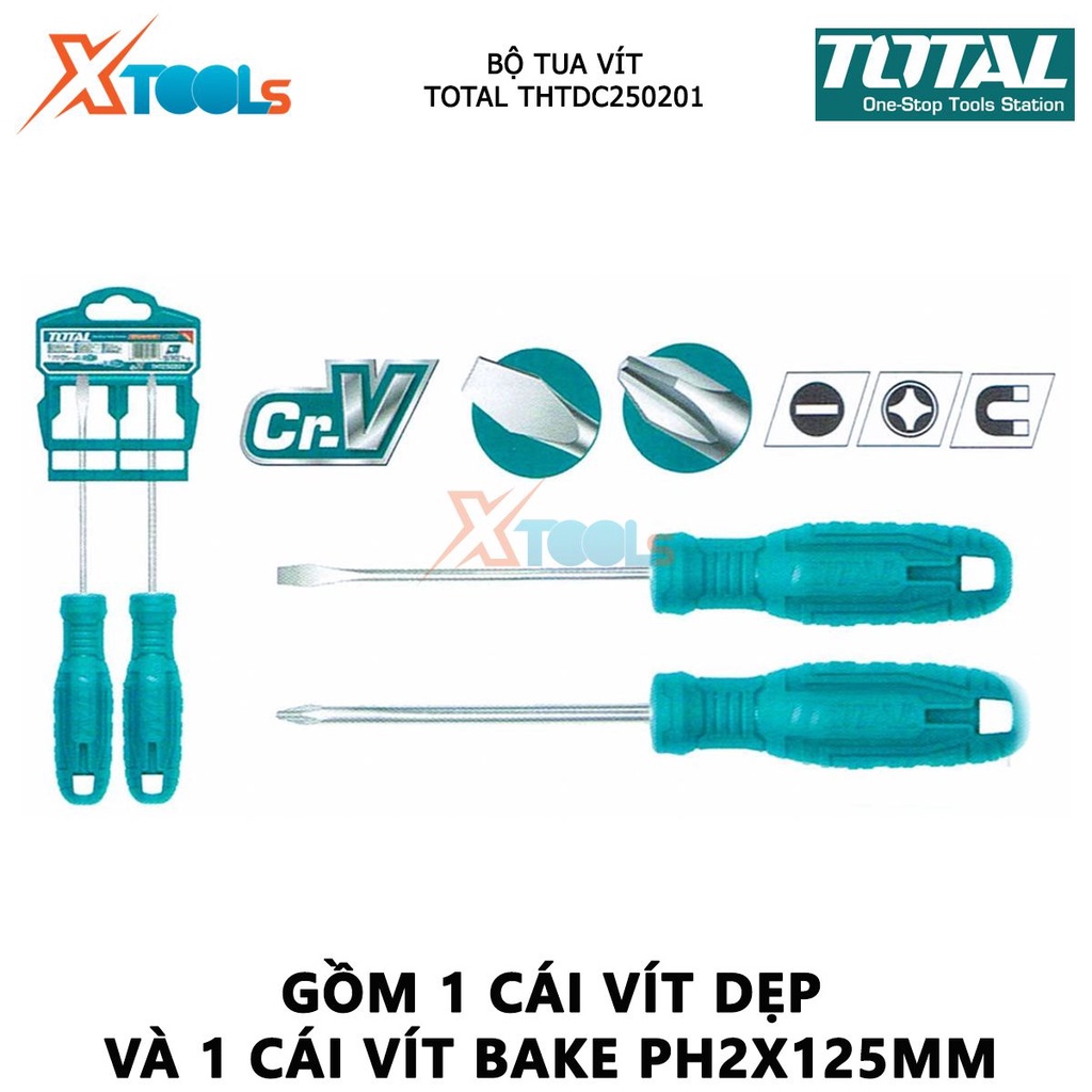 Bộ tuốc nơ vít dẹp và bake 2 chi tiết TOTAL THTDC250201 | dùng để siết chặt hoặc gỡ bỏ ốc vít [CHÍNH HÃNG] [XTOOLs]