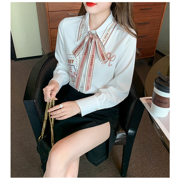 Áo Sơ Mi Tay Dài Thắt Cà Vạt Phía Trước In Họa Tiết Vintage Phong Cách Hàn Quốc Thời Trang Xuân Thu Cho Nữ 2022