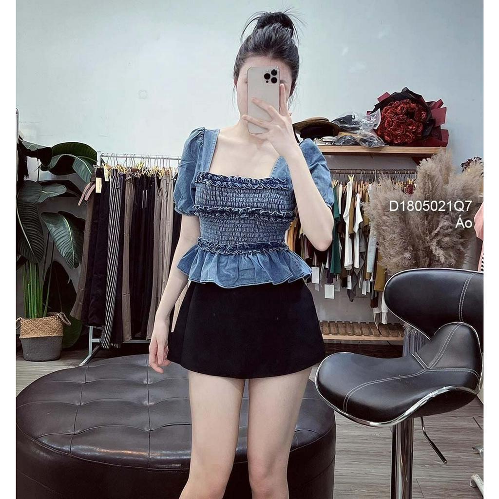 Áo kiểu jean nhún chun thân phối viền bèo cổ vuông tay ngắn hàng đẹp!
