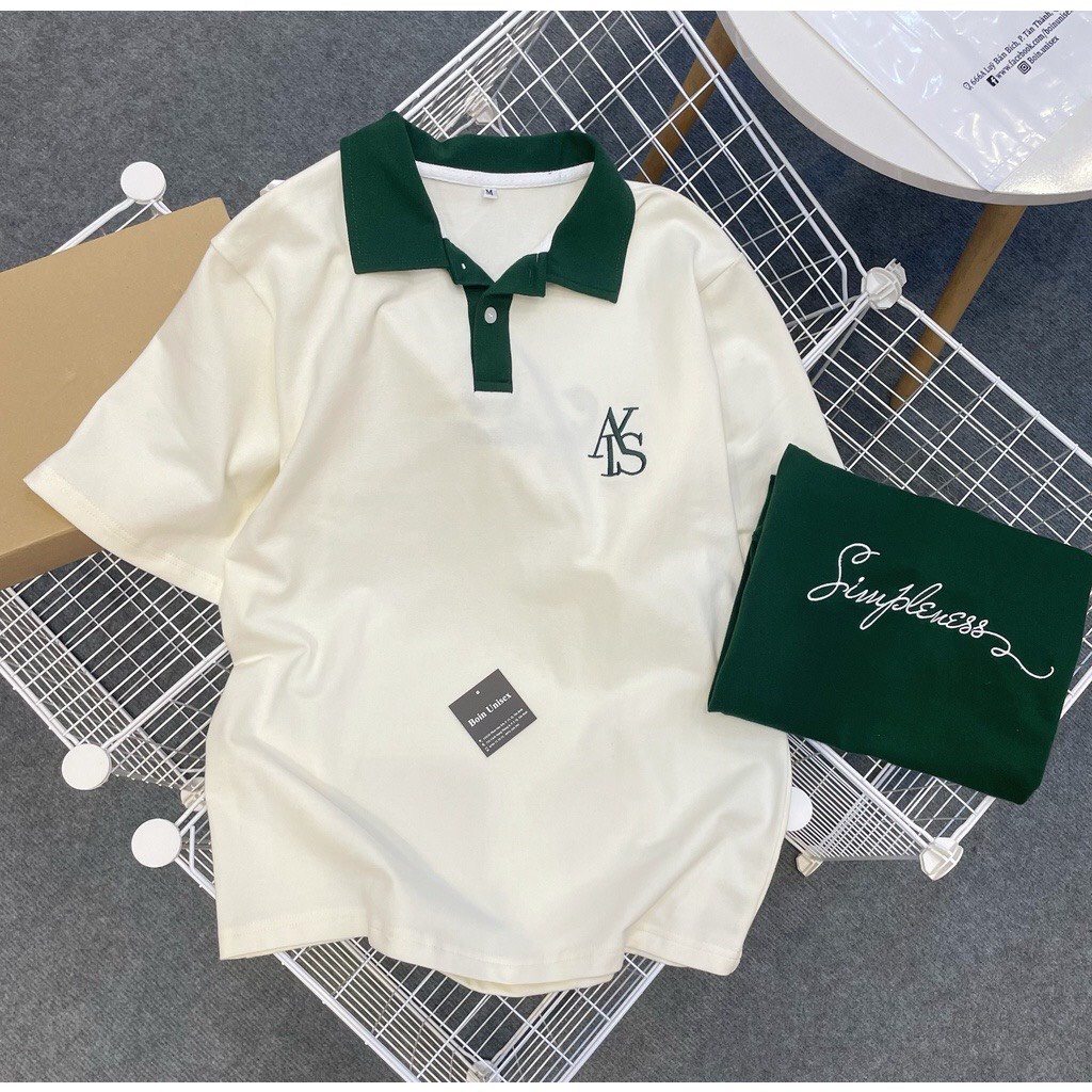 Áo thun polo from rộng unisex nam nữ ATYS 2 màu Xanh Lá/Kem chất thun cá sấu cotton cao cấp , chất đẹp