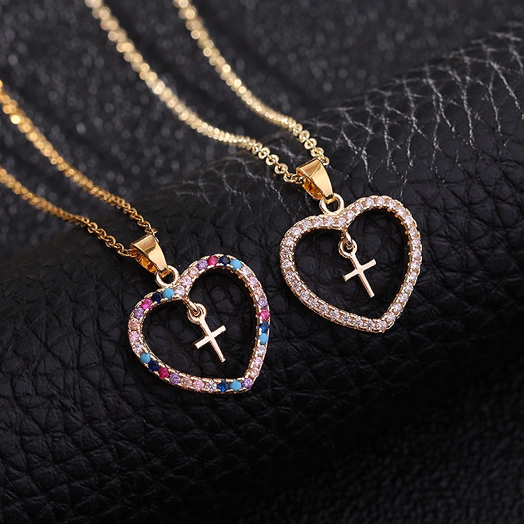 zheting/18K Micro Inlaid Colorful Zircon Geometric Cross Heart Necklace